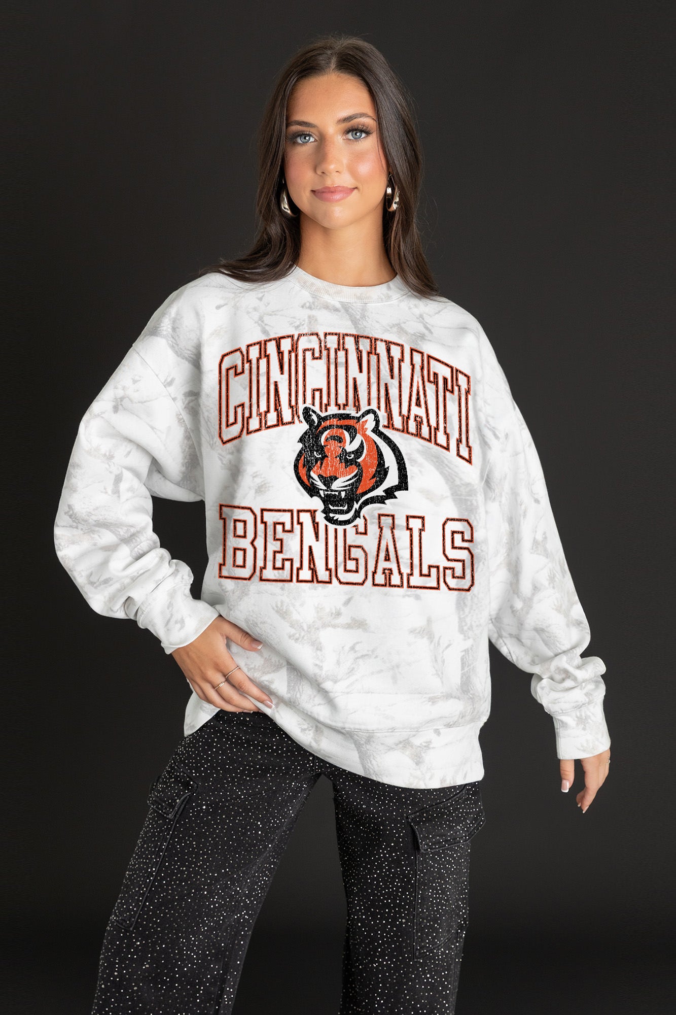 CINCINNATI BENGALS WHITEOUT PREMIUM DROP SHOULDER CAMO PULLOVER-