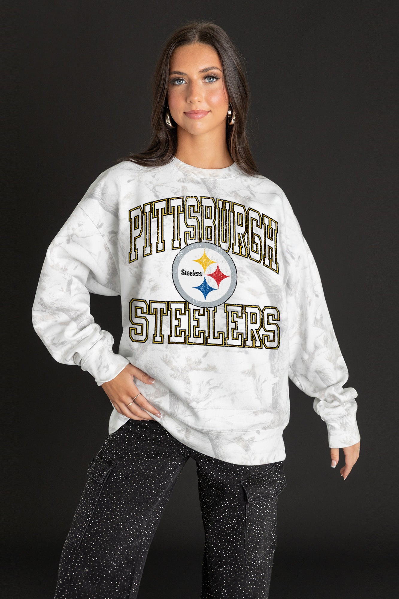White Camo Pittsburgh Steelers Drop Shoulder Pullover - Front View On Model | Gameday Couture - SOHO