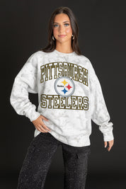 White Camo Pittsburgh Steelers Drop Shoulder Pullover - Front View On Model | Gameday Couture - SOHO
