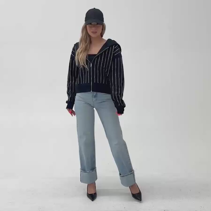IOWA HAWKEYES EYES ON THE PRIZE RHINESTUD STRIPE ZIP HOODIE