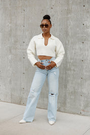 CHEYENNE V-NECK COLLAR WITH DROP SHOULDER SWEATER IN IVORY