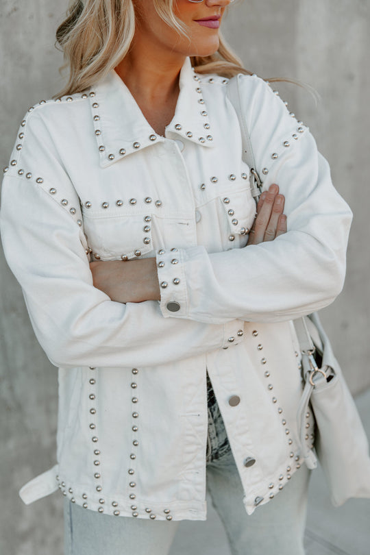 MENLO STUDDED AND DISTRESSED DENIM JACKET IN WHITE