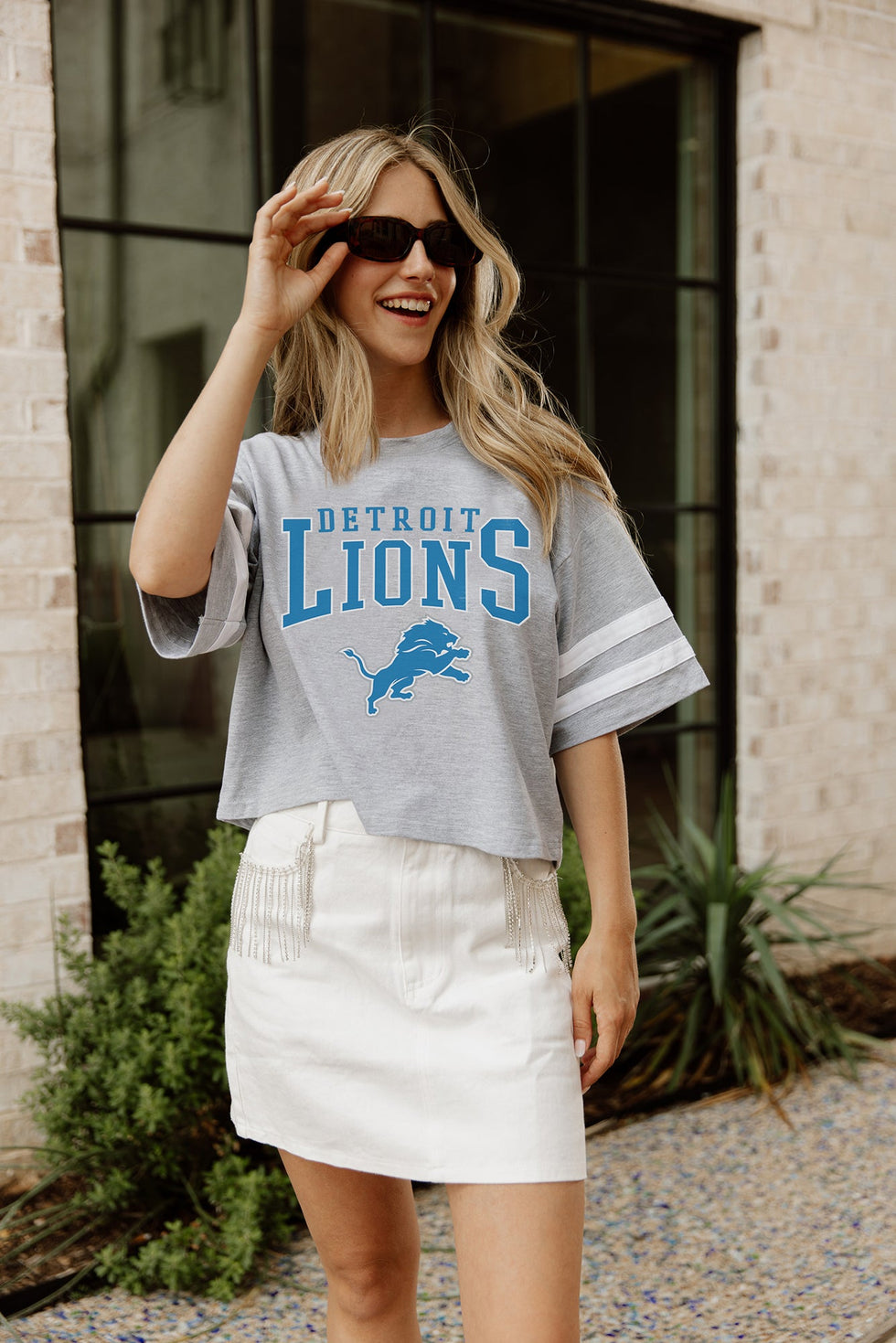 Women's Detroit Lions Gridiron Glam Crop Tee With Striped Detail