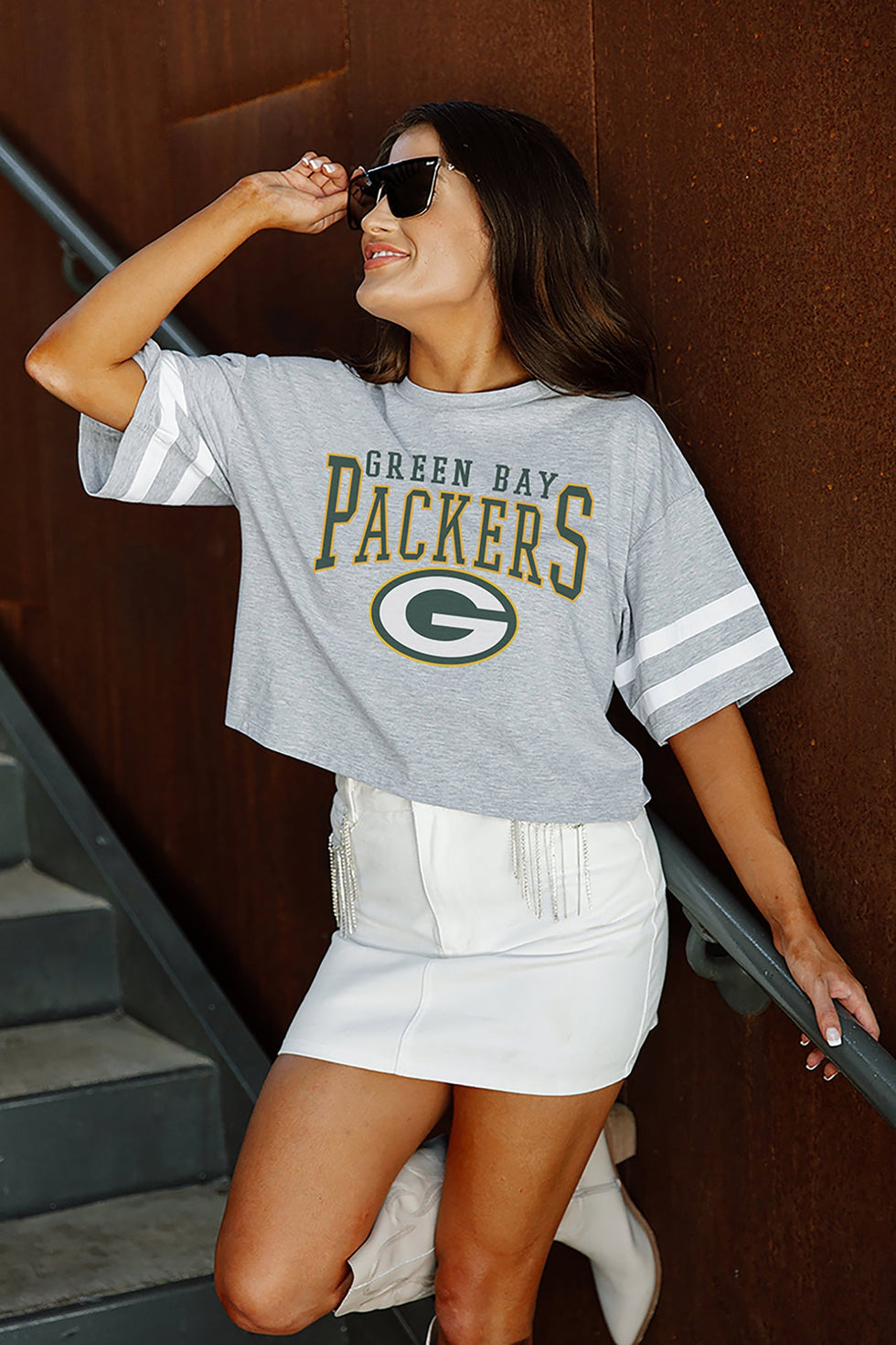 green bay packers women's dress Women's Green Bay Packers Gridiron Glam Crop Tee With Striped Detail