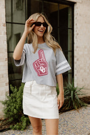 Grey Oklahoma Sooners Number One Drop-Shoulder Mid-Crop Tee - On Model Front View | Gameday Couture - SOHO