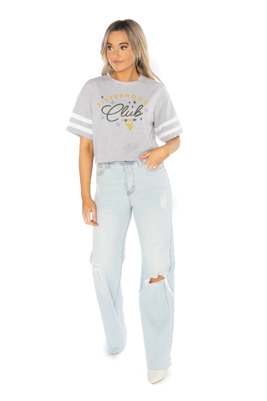 WEST VIRGINIA MOUNTAINEERS SISTERHOOD CLUB DROP SHOULDER MID-CROP TEE