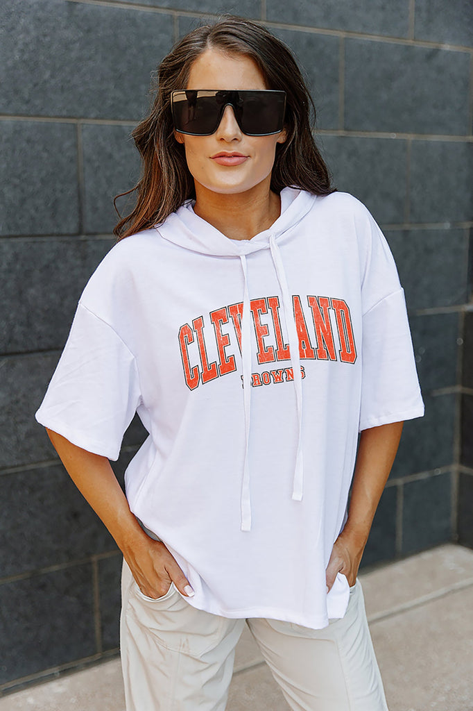 CLEVELAND BROWNS CHIC CAPTAIN LIGHTWEIGHT SHORT SLEEVE FRENCH TERRY HOODED DRAWSTRING PULLOVER