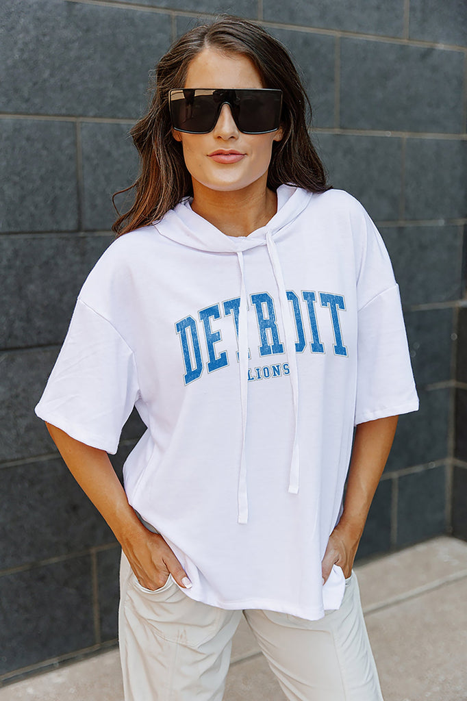 DETROIT LIONS CHIC CAPTAIN LIGHTWEIGHT SHORT SLEEVE FRENCH TERRY HOODED DRAWSTRING PULLOVER