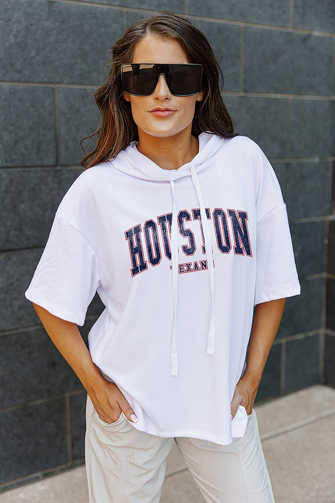HOUSTON TEXANS CHIC CAPTAIN LIGHTWEIGHT SHORT SLEEVE FRENCH TERRY HOODED DRAWSTRING PULLOVER