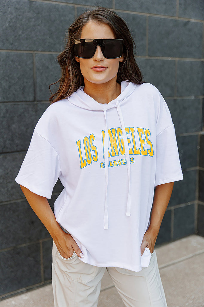 LOS ANGELES CHARGERS CHIC CAPTAIN LIGHTWEIGHT SHORT SLEEVE FRENCH TERRY HOODED DRAWSTRING PULLOVER
