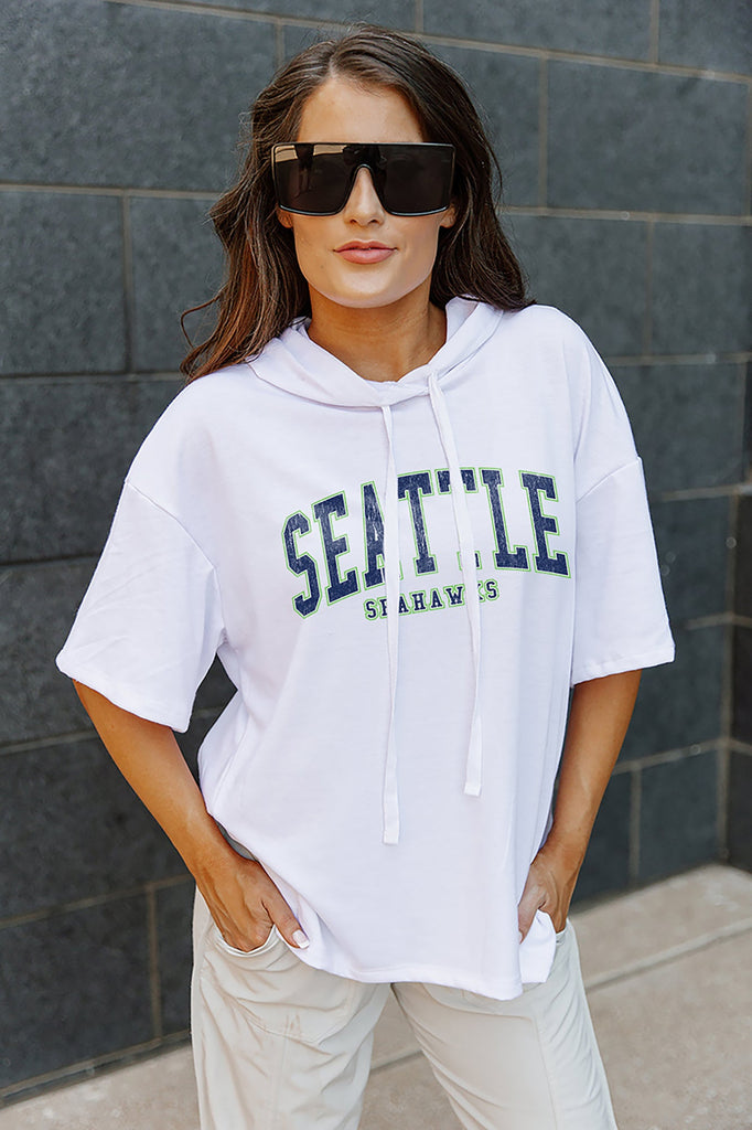SEATTLE SEAHAWKS CHIC CAPTAIN LIGHTWEIGHT SHORT SLEEVE FRENCH TERRY HOODED DRAWSTRING PULLOVER