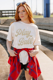 LET'S PLAY BALL IN TAN VINTAGE BOYFRIEND TEE