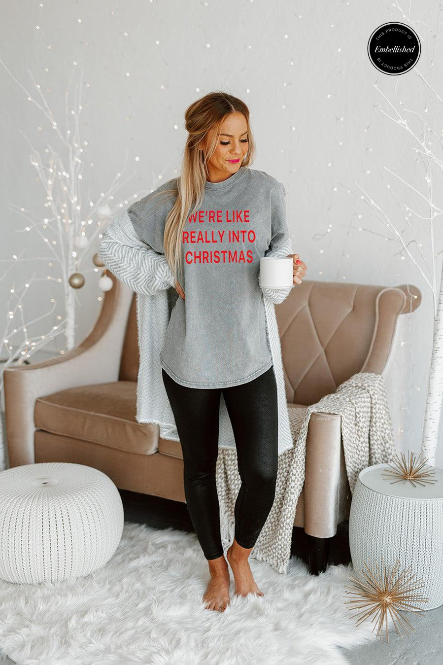 SO INTO CHRISTMAS EMBELLISHED FADED WASH PULLOVER IN GREY