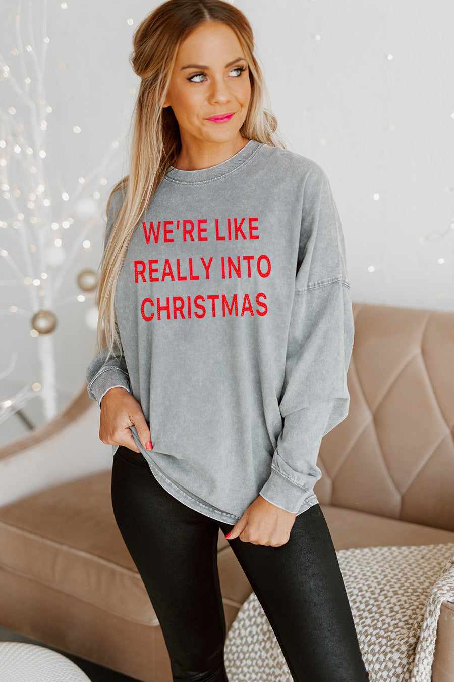 SO INTO CHRISTMAS EMBELLISHED FADED WASH PULLOVER IN GREY