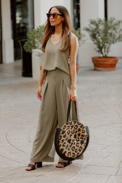 ALWAYS AN ORIGINAL Leopard Straw Bag - Full Styled Look, Round Woven Tote with Olive Wide-Leg Outfit | Gameday Couture - SOHO