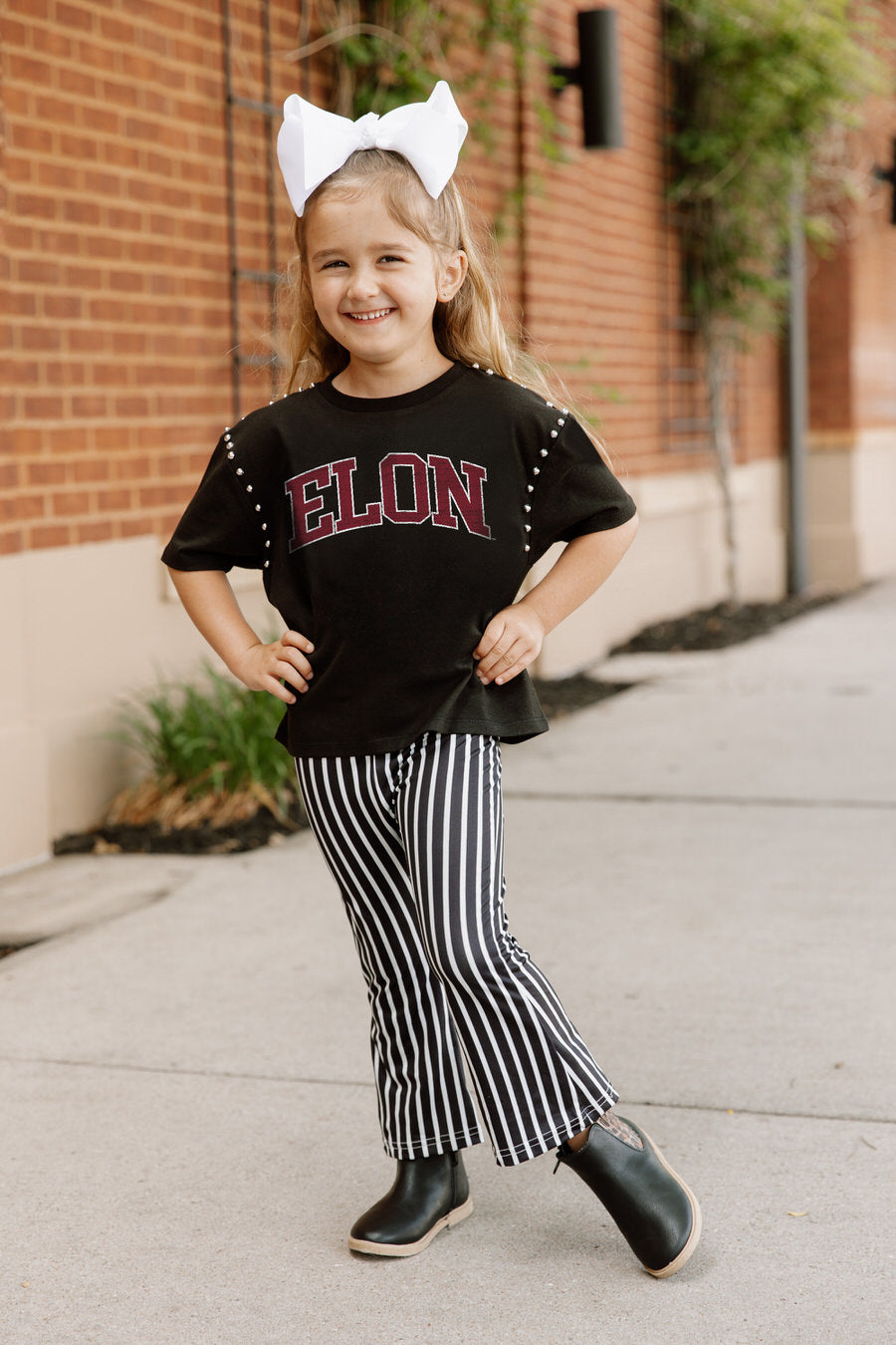 Black Elon Phoenix After Party Kids Studded Crop Tee - On Model Front View | Gameday Couture - SOHO