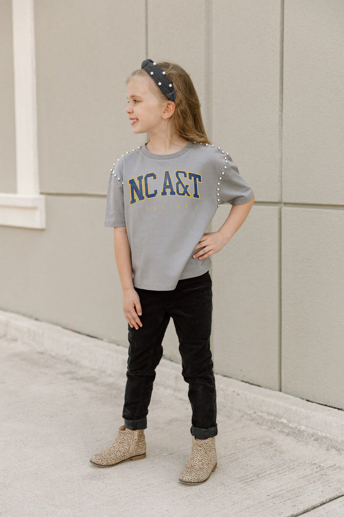 NORTH CAROLINA A&T STATE BULLDOGS AFTER PARTY KIDS STUDDED SHORT SLEEVE MODERATELY CROPPED TEE