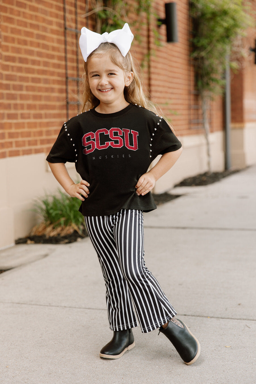 Black St. Cloud State Huskies AFTER PARTY Kids Studded Crop Tee - Front On Model | Gameday Couture - SOHO