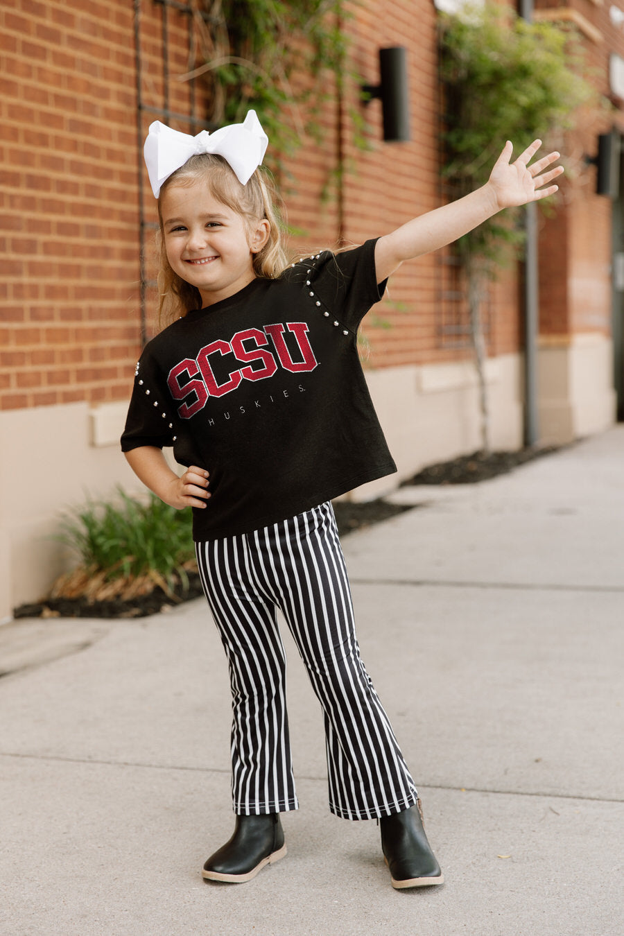 Black SCSU Huskies Kids Studded Crop Tee - Styled Look Arms Up | Gameday Couture - SOHO