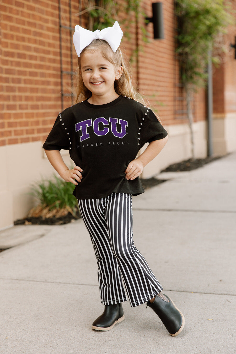 Black TCU HORNED FROGS AFTER PARTY KIDS STUDDED CROP TEE - Front View | Gameday Couture - SOHO