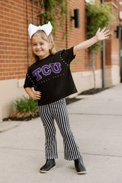 Black TCU HORNED FROGS AFTER PARTY KIDS STUDDED CROP TEE - On Model Action Shot | Gameday Couture - SOHO