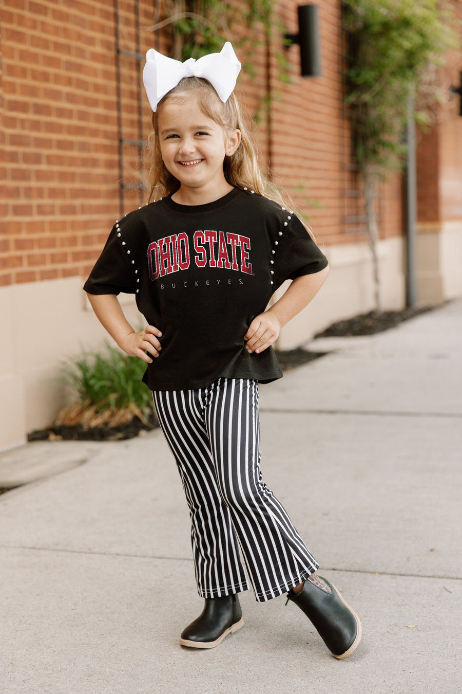 Black Ohio State Buckeyes After Party Kids Studded Mid-Crop Tee - Full Body Front View | Gameday Couture - SOHO