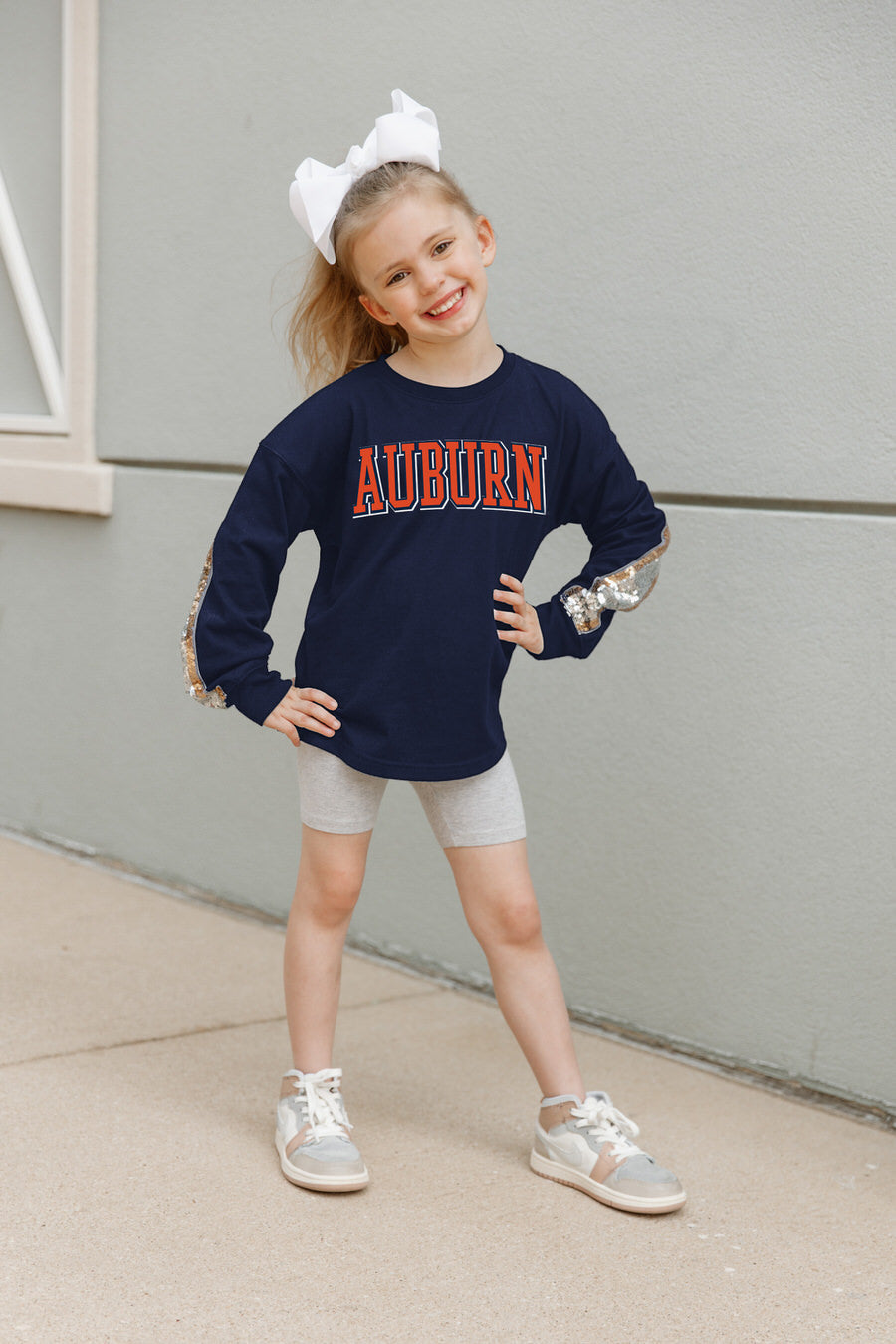 Navy AUBURN TIGERS GUESS WHO'S BACK KIDS SEQUIN YOKE PULLOVER - Front View | Gameday Couture - SOHO