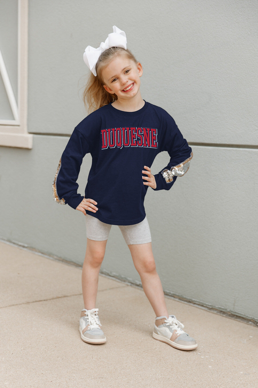 Navy DUQUESNE UNIVERSITY DUKES Kids Sequin Pullover - Front View On Model | Gameday Couture - SOHO
