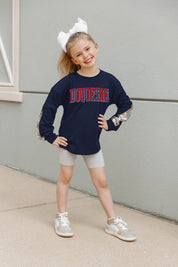 Navy DUQUESNE UNIVERSITY DUKES Kids Sequin Pullover - Front View On Model | Gameday Couture - SOHO