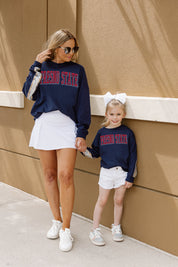 Navy Fresno State Bulldogs GUESS WHO'S BACK Kids Sequin Yoke Pullover - Mommy & Me Side View | Gameday Couture - SOHO