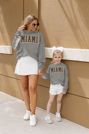 Grey Miami Hurricanes GUESS WHO'S BACK Kids Sequin Yoke Pullover - Mommy & Me Side View | Gameday Couture - SOHO