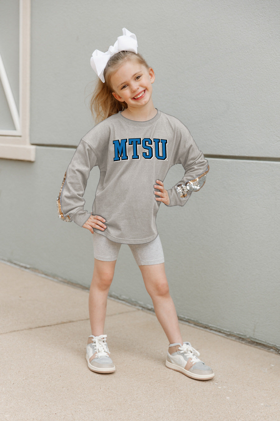 Grey MTSU Guess Who's Back Kids Sequin Yoke Pullover - Front On Model | Gameday Couture - SOHO