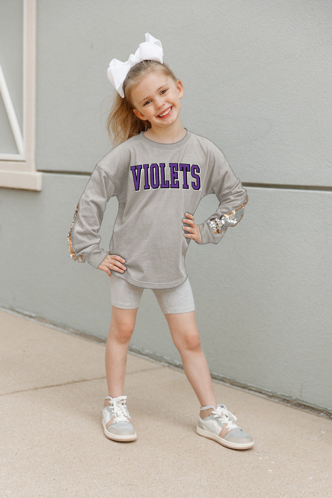 NEW YORK UNIVERSITY VIOLETS GUESS WHO'S BACK KIDS SEQUIN YOKE PULLOVER