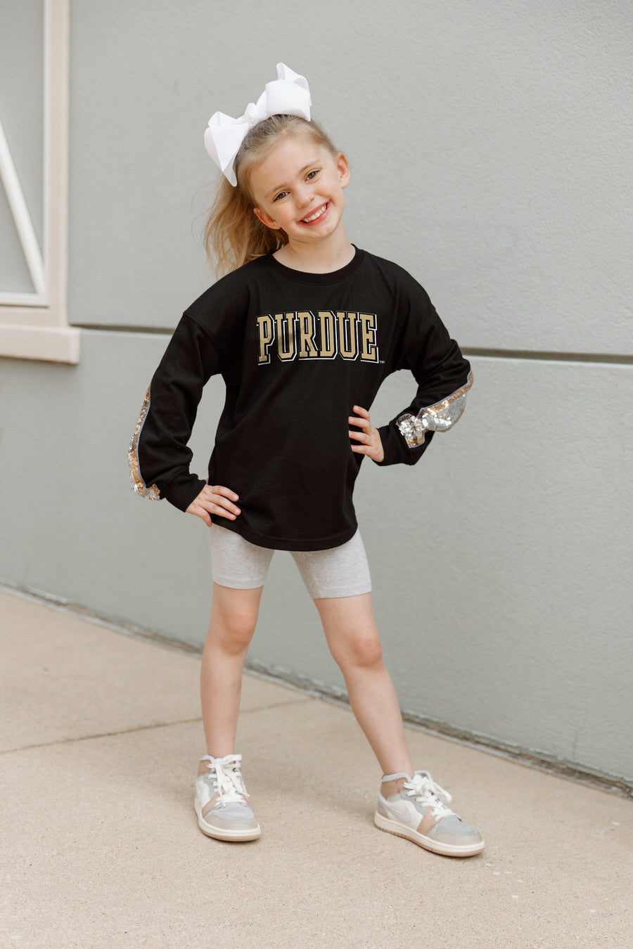 Black Purdue Boilermakers Kids Sequin Yoke Pullover - Front On Model | Gameday Couture - SOHO
