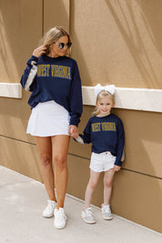 Navy WEST VIRGINIA MOUNTAINEERS Guess Who's Back Kid's Sequin Pullover - Lifestyle Model | Gameday Couture - SOHO