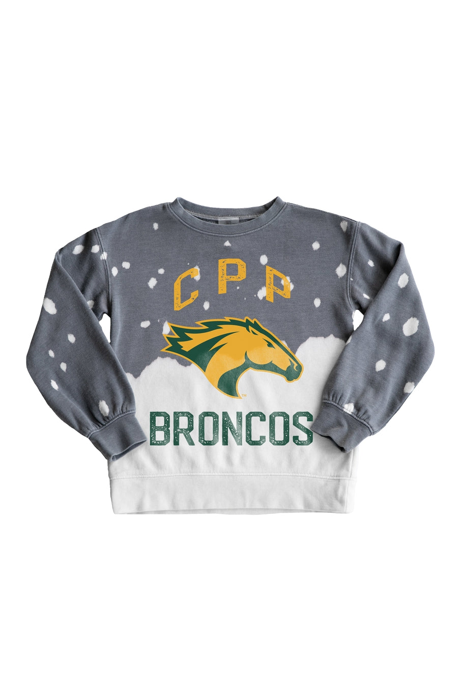 Grey Bleach-Dye Cal Poly Pomona Broncos Kids Crewneck - Front View | Gameday Couture - SOHO