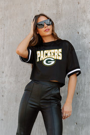 GREEN BAY PACKERS AUTOMATIC DOWN LIGHTWEIGHT SPORTY TOP WITH STRIPED SLEEVE DETAIL