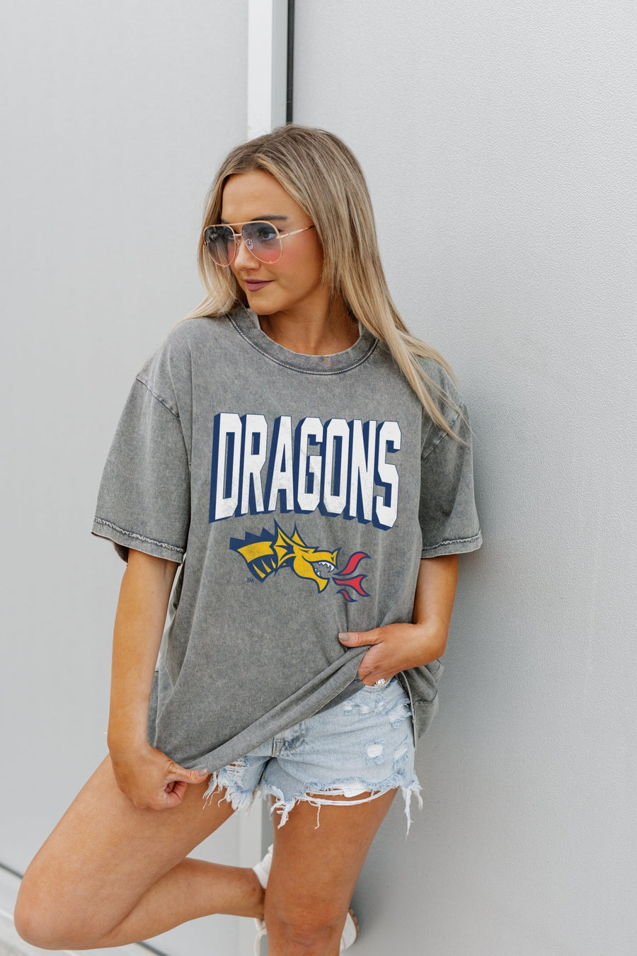 Grey Drexel University Dragons Oversized Crewneck Tee - On Model Side Angle | Gameday Couture - SOHO