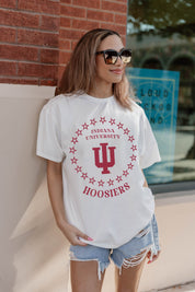 Ivory Indiana Hoosiers ON POINT Oversized Crewneck Tee - Front Detail Relaxed Fit On Model | Gameday Couture - SOHO