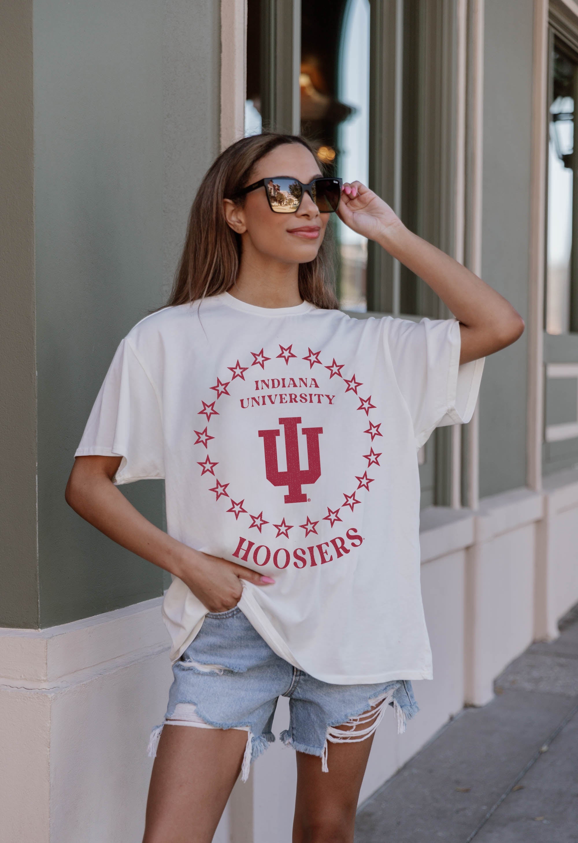 Ivory Indiana Hoosiers ON POINT Oversized Crewneck Tee - Back View Showing Relaxed Fit | Gameday Couture - SOHO