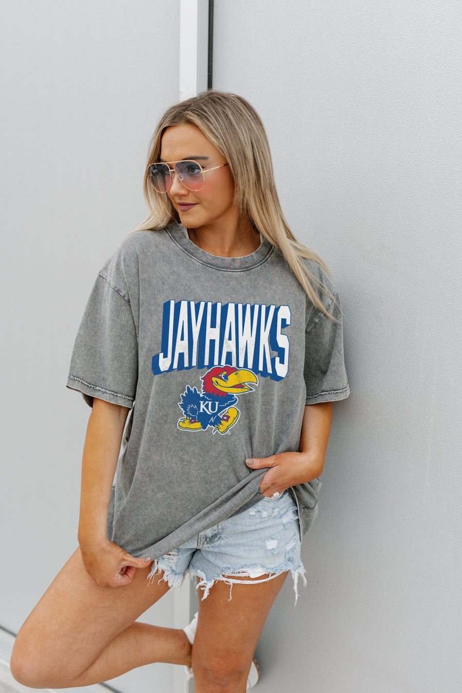 KANSAS JAYHAWKS SOLID DEFENSE OVERSIZED CREWNECK TEE