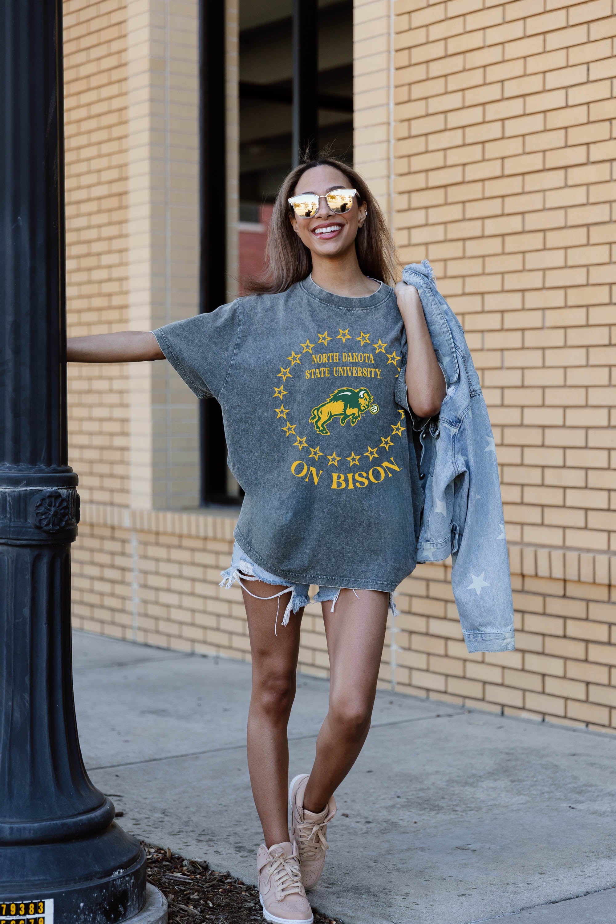 Grey NORTH DAKOTA STATE BISON BRIGHTEST STAR Oversized Crewneck Tee - Front View | Gameday Couture - SOHO