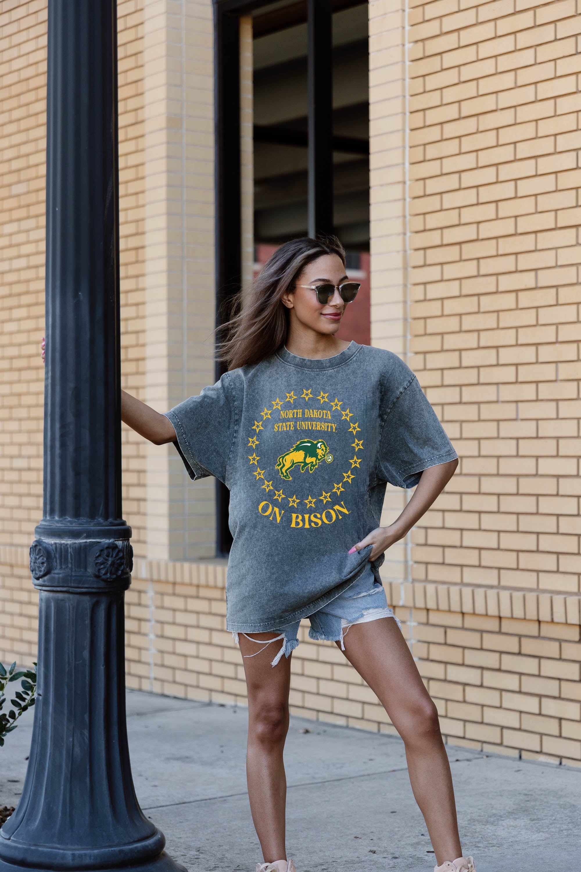 Grey NORTH DAKOTA STATE BISON BRIGHTEST STAR Oversized Crewneck Tee - Side Pose | Gameday Couture - SOHO