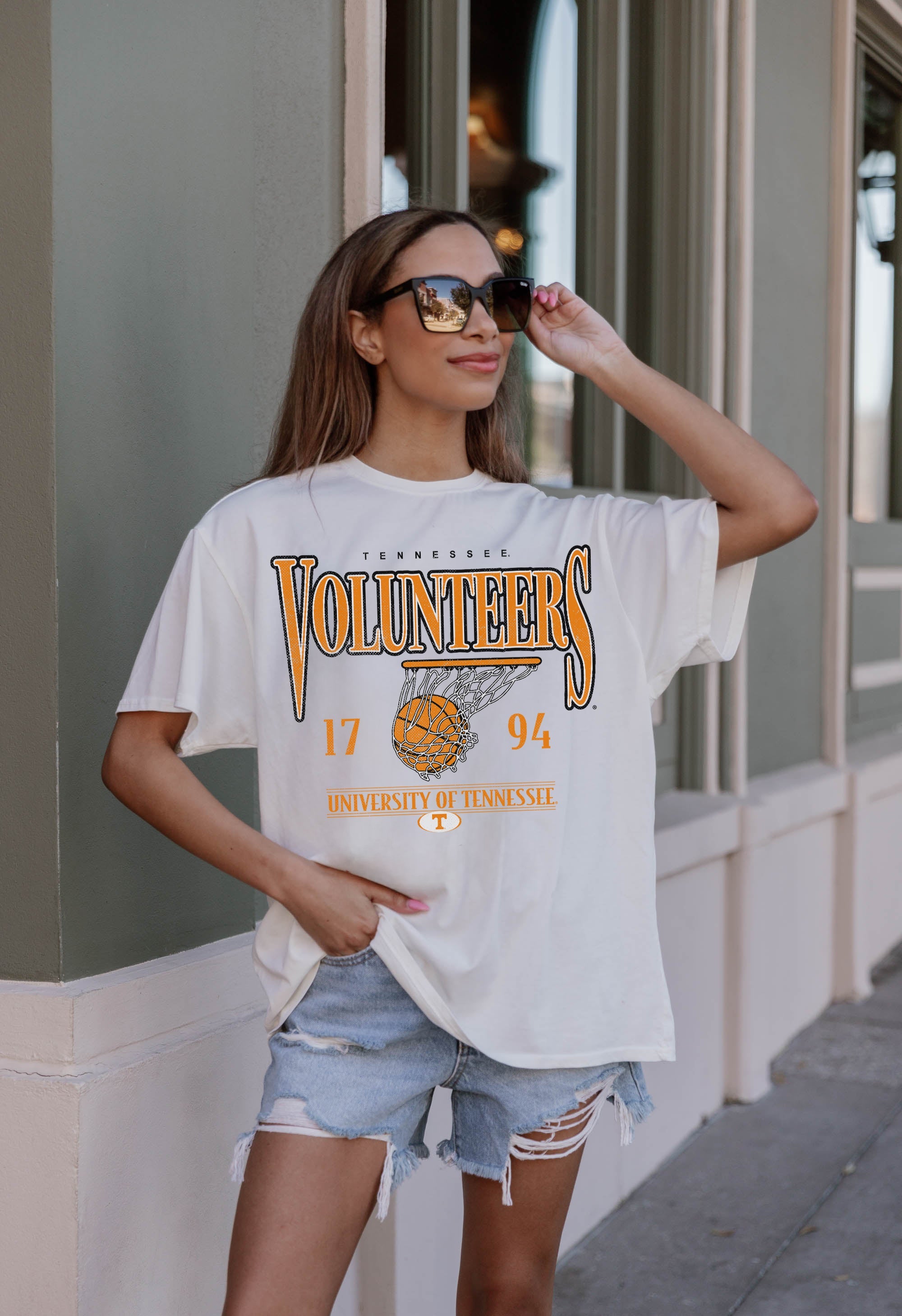 White TENNESSEE VOLUNTEERS COURT DATE OVERSIZED CREWNECK TEE - Front Detail View | Gameday Couture - SOHO