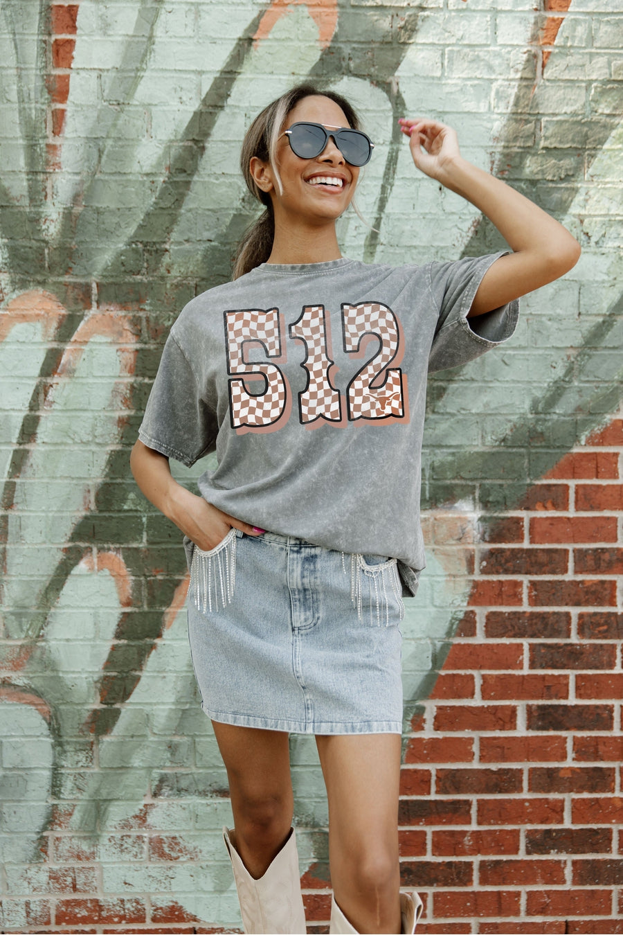 Grey Texas Longhorns In The Code Oversized Crewneck Tee - Front Detail View | Gameday Couture - SOHO