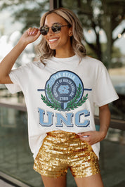 White UNC Be A Champion Oversized Crop Tee By Madi Prewett - Logo Detail | Gameday Couture - SOHO