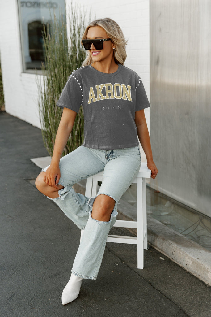 AKRON ZIPS AFTER PARTY STUDDED SHORT SLEEVE MODERATELY CROPPED TEE