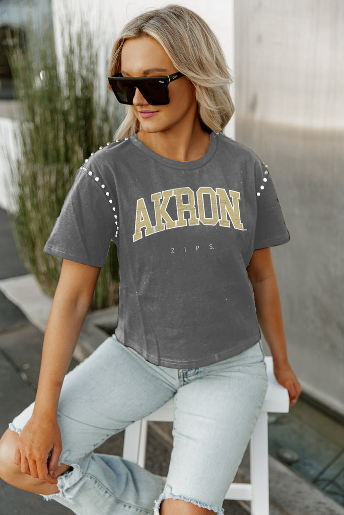 AKRON ZIPS AFTER PARTY STUDDED SHORT SLEEVE MODERATELY CROPPED TEE