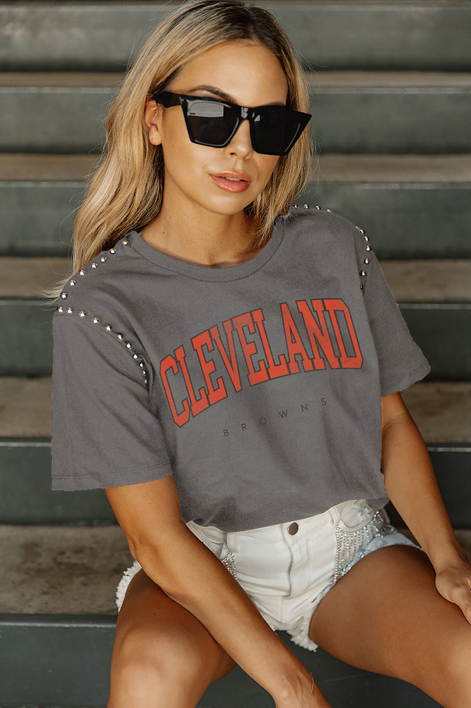 CLEVELAND BROWNS ELITE ELEGANCE STUDDED SLEEVE DETAIL MODERATE LENGTH SHORT SLEEVE CROPPED TEE