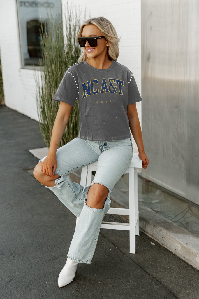 NORTH CAROLINA A&T STATE BULLDOGS AFTER PARTY STUDDED SHORT SLEEVE MODERATELY CROPPED TEE